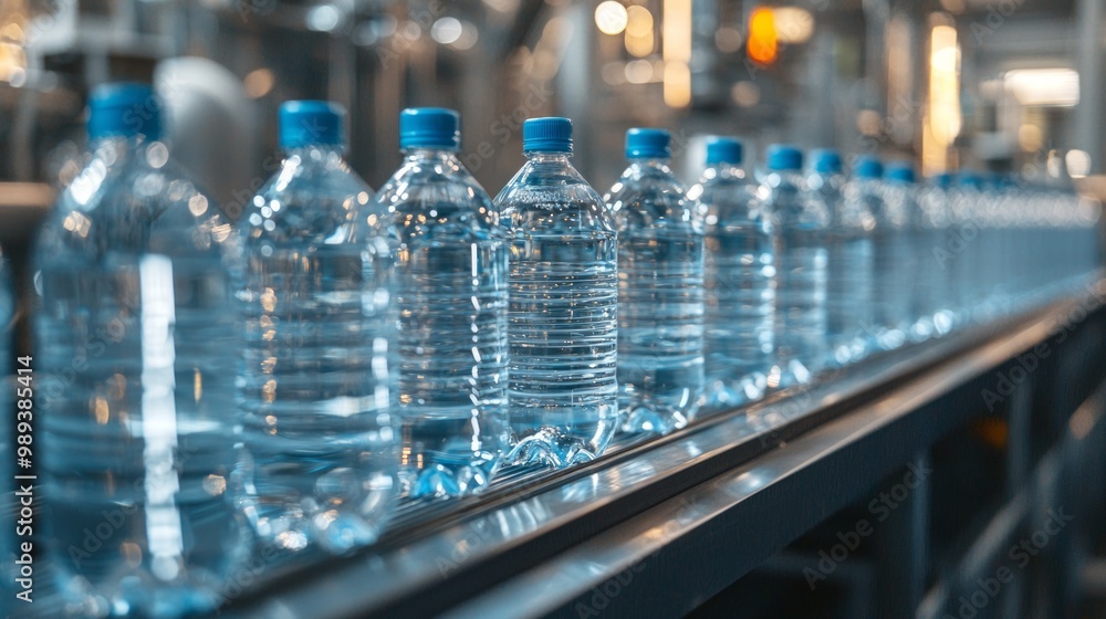 Row of plastic water bottles on a production line Row of plastic water bottles on a production line