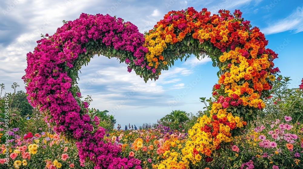 Fototapeta premium Vibrant heart-shaped flower bed with colorful blooms in a sunny garden during springtime