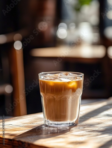 iced latte in a glass in a cafe. latte coffee by the window in a cozy cafe. sunlight. minimal background, sun rays with shadows. Copy space.