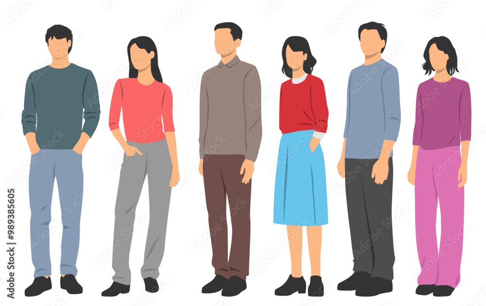 Set of young men and women , different colors, cartoon character, group of silhouettes of standing business people, students, design concept of flat icon, isolated on white background Set of young men and women , different colors, cartoon character, group of silhouettes of standing business people, students, design concept of flat icon, isolated on white background