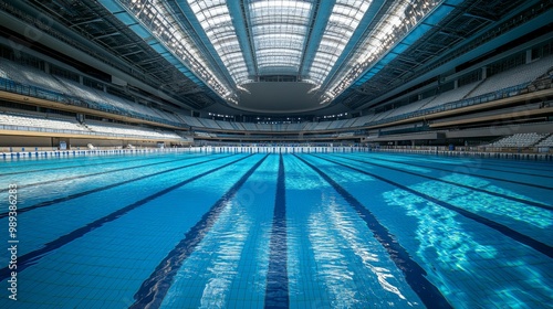 Olympic sized swimming pool. Interior swimming pool, stadium, event, indoor. Brightly lit, fresh water. Modern architecture. photo