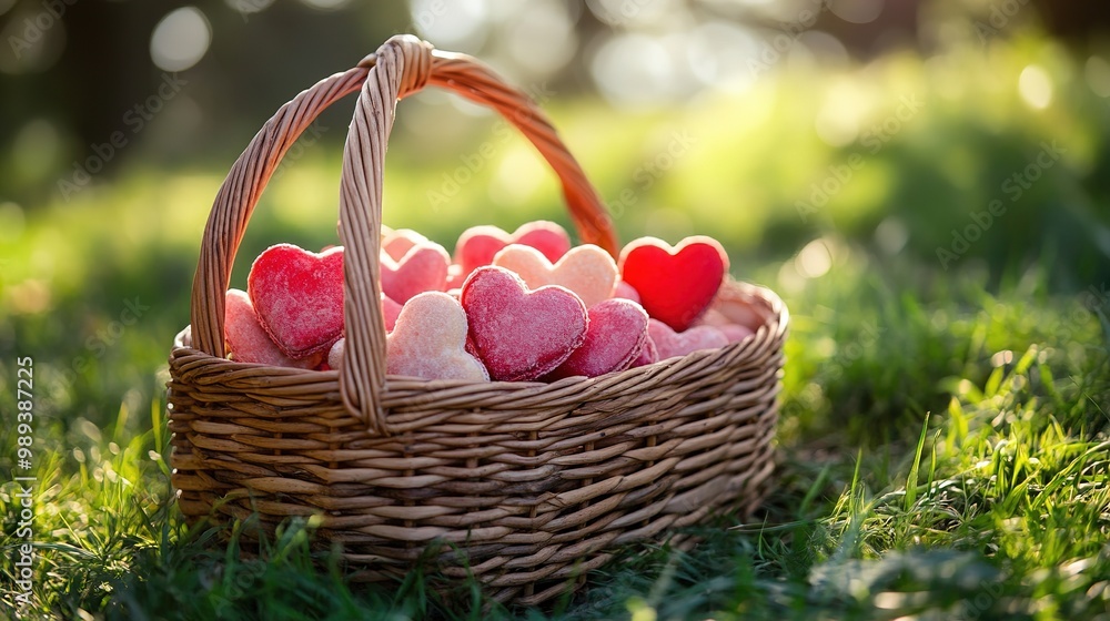 Colorful heart-shaped cookies in a rustic woven basket resting on a picnic blanket in a sunny green park Colorful heart-shaped cookies in a rustic woven basket resting on a picnic blanket in a sunny green park