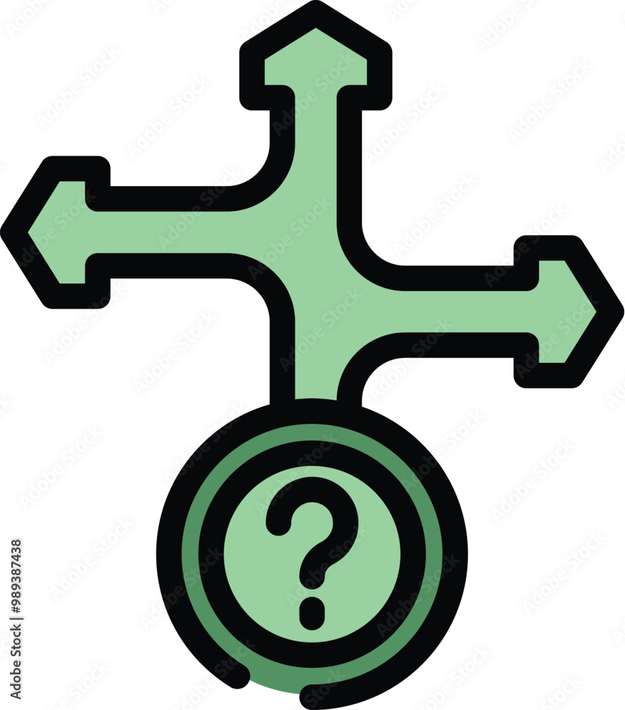 Question mark is standing at a crossroads with arrows pointing in different directions, symbolizing important decision making Question mark is standing at a crossroads with arrows pointing in different directions, symbolizing important decision making