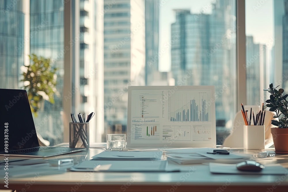 Modern Office Workspace Featuring Charts and Graphs With a City Skyline View During the Afternoon Sunlight Modern Office Workspace Featuring Charts and Graphs With a City Skyline View During the Afternoon Sunlight