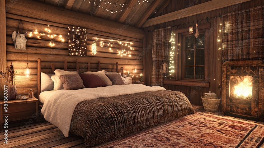 Cozy rustic bedroom with twinkling lights and a crackling fireplace during a serene evening Cozy rustic bedroom with twinkling lights and a crackling fireplace during a serene evening
