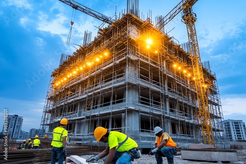 A high-rise building under construction at night, with lights illuminating the scaffolding and workers continuing through the evening