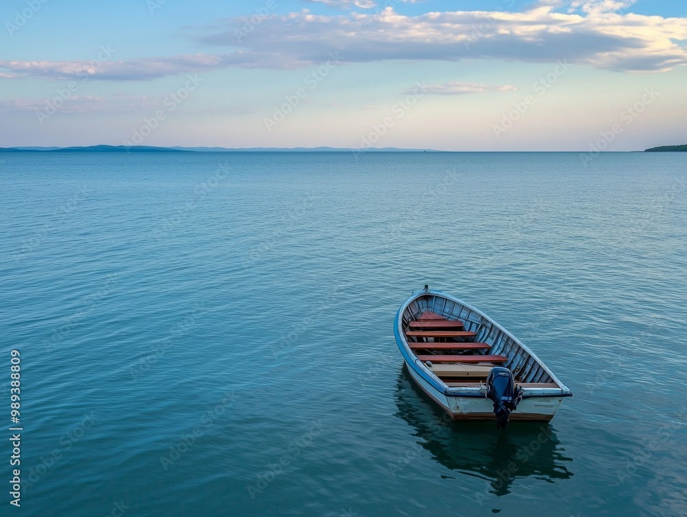 Tranquil Scene with Boat on Serene Lake During Sunset Tranquil Scene with Boat on Serene Lake During Sunset