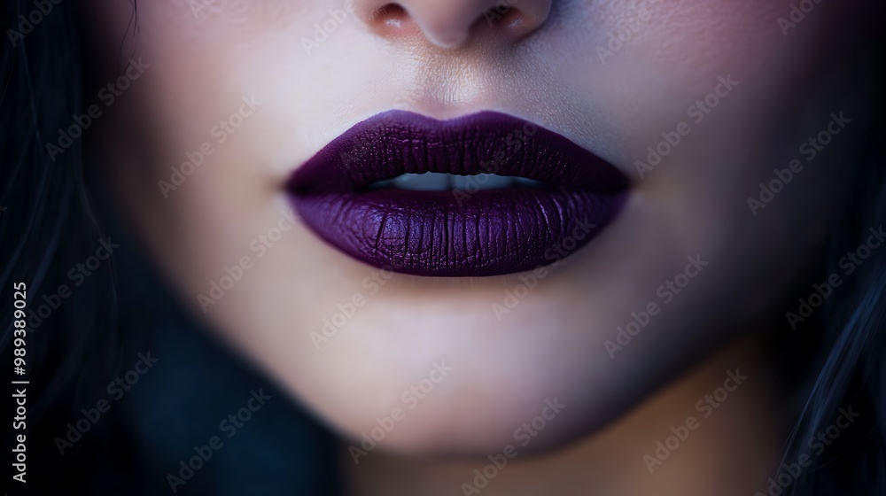 Fototapeta premium Vibrant Deep Purple Lipstick Close-up Shot with Soft Lighting and Sharp Focus on Woman's Lips
