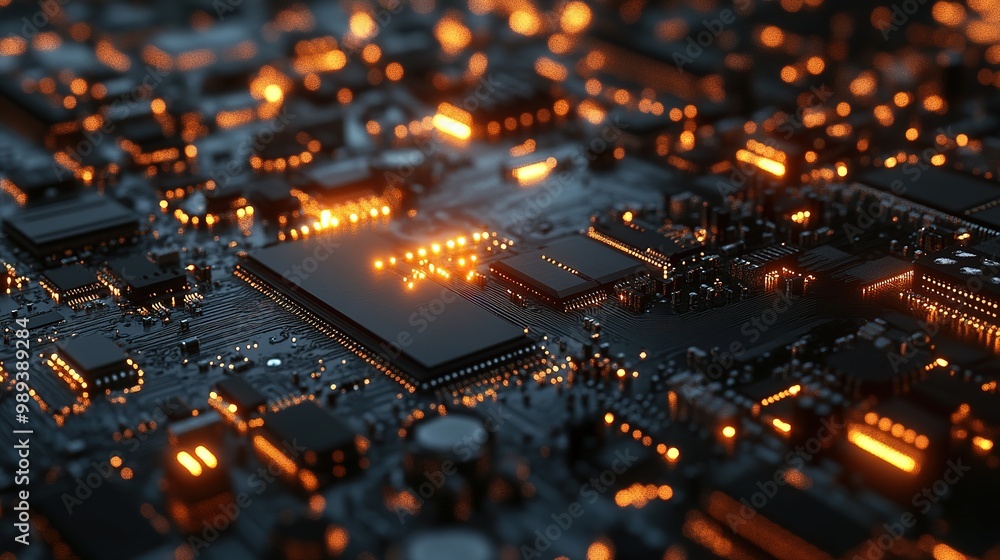 Close-up view of a high-tech circuit board illuminated by orange lights showcasing intricate components and connections at night Close-up view of a high-tech circuit board illuminated by orange lights showcasing intricate components and connections at night
