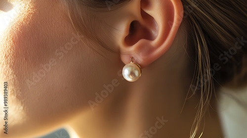 Elegant Classic Pearl Earring Close-Up with Soft Lighting on Woman's Ear | Lustrous Fine Jewelry Detail