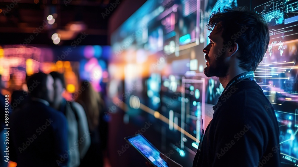 A woman examines vibrant digital displays at a technology convention, showcasing innovative advancements and interactive exhibits in a modern venueммм A woman examines vibrant digital displays at a technology convention, showcasing innovative advancements and interactive exhibits in a modern venueммм