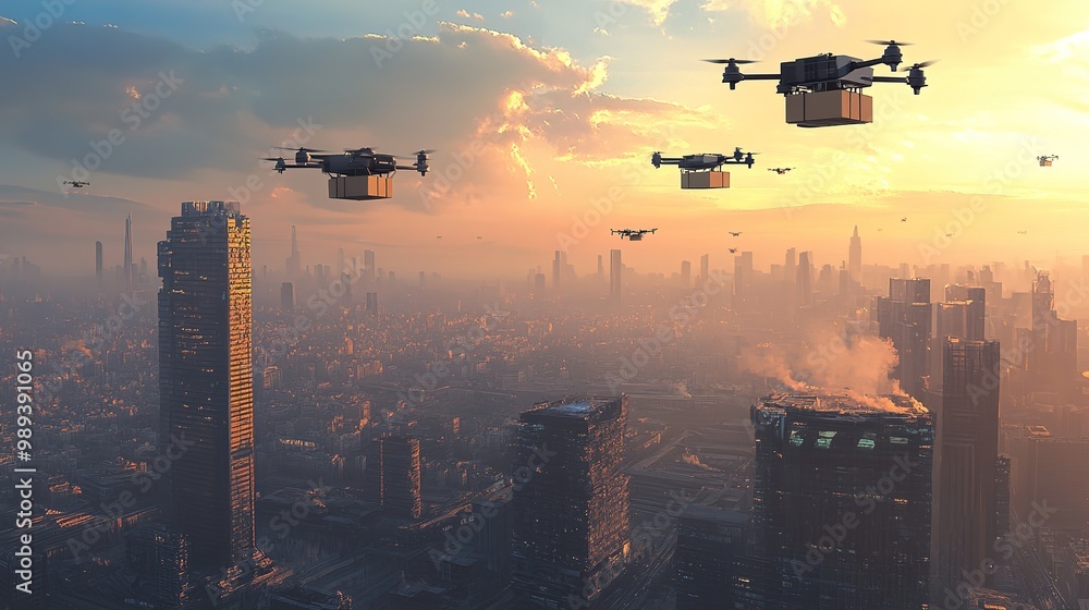 Drones delivering packages over a bustling city skyline during sunset with golden clouds and skyscrapers in the foreground