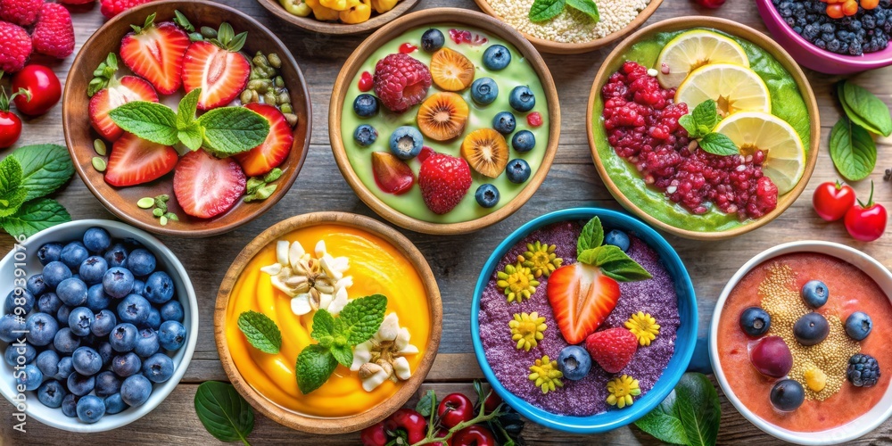 Colorful Smoothie Bowls with Fresh Fruits and Berries, Healthy , Breakfast Colorful Smoothie Bowls with Fresh Fruits and Berries, Healthy , Breakfast