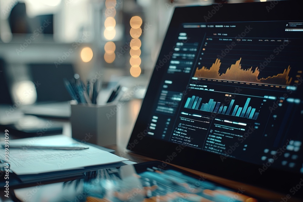 A Modern Workspace Featuring a Computer Monitor Displaying Stock Market Analytics at Dusk A Modern Workspace Featuring a Computer Monitor Displaying Stock Market Analytics at Dusk