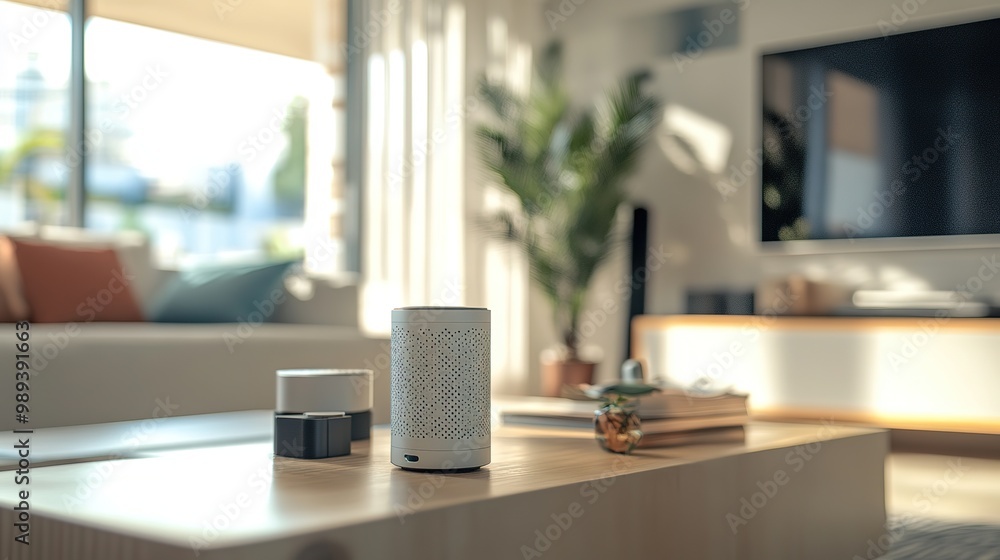 Modern living room with smart speakers and a coffee table in a bright, airy setting during the day Modern living room with smart speakers and a coffee table in a bright, airy setting during the day