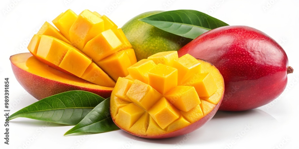 Fresh Mango Slices with Green Leaves, Tropical Fruit, Healthy Food ,mango, fruit Fresh Mango Slices with Green Leaves, Tropical Fruit, Healthy Food ,mango, fruit