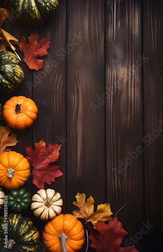 Autumn Leaves and Pumpkins on Wooden Background photo