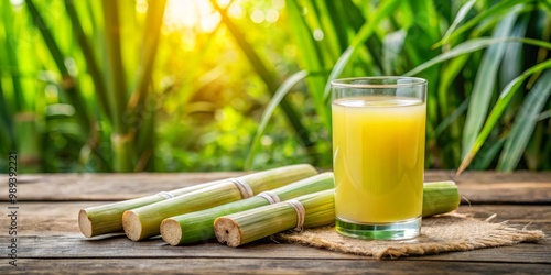 Fresh Sugarcane Juice in a Glass with Green Stalks on a Wooden Table, Sugarcane juice, tropical drink