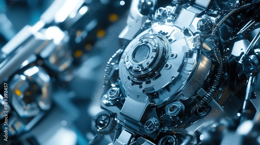 Fototapeta premium Detailed metallic sculpture showcasing intricate mechanical features, designed to resemble a bird, captured with dramatic lighting