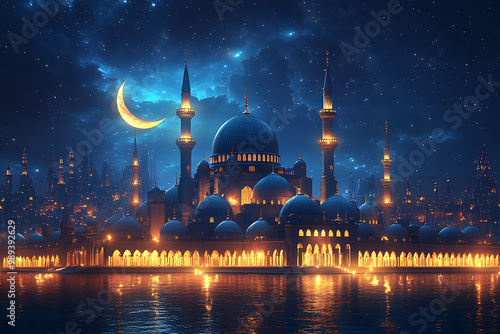 Wallpaper Mural A realistic wireframe view of a mosque with a crescent moon, symbolizing Ramadan and Eid Mubarak on a dark blue background.
 Torontodigital.ca