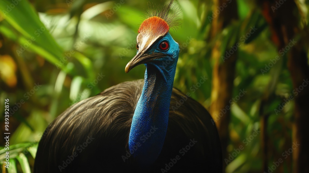 Fototapeta premium Close-up Portrait of a Cassowary in Lush Jungle