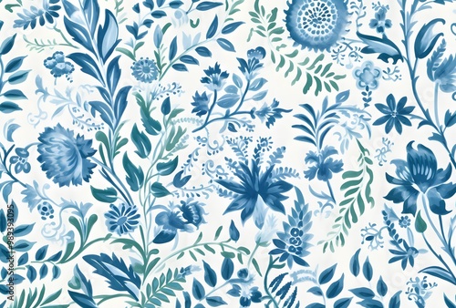 Delft Blue Floral Pattern Linen Fabric