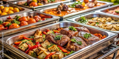 Grilled Meat with Vegetables in Chafing Dishes, food ,catering