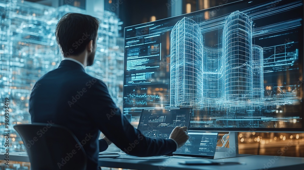 Fototapeta premium A person examines digital architecture while standing in front of a futuristic cityscape with glowing outlines at night