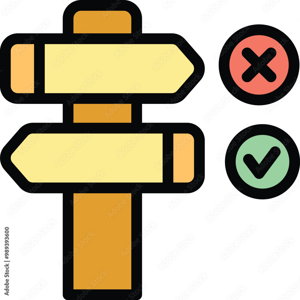 Blank wooden direction signpost is showing right and wrong direction with signs Blank wooden direction signpost is showing right and wrong direction with signs