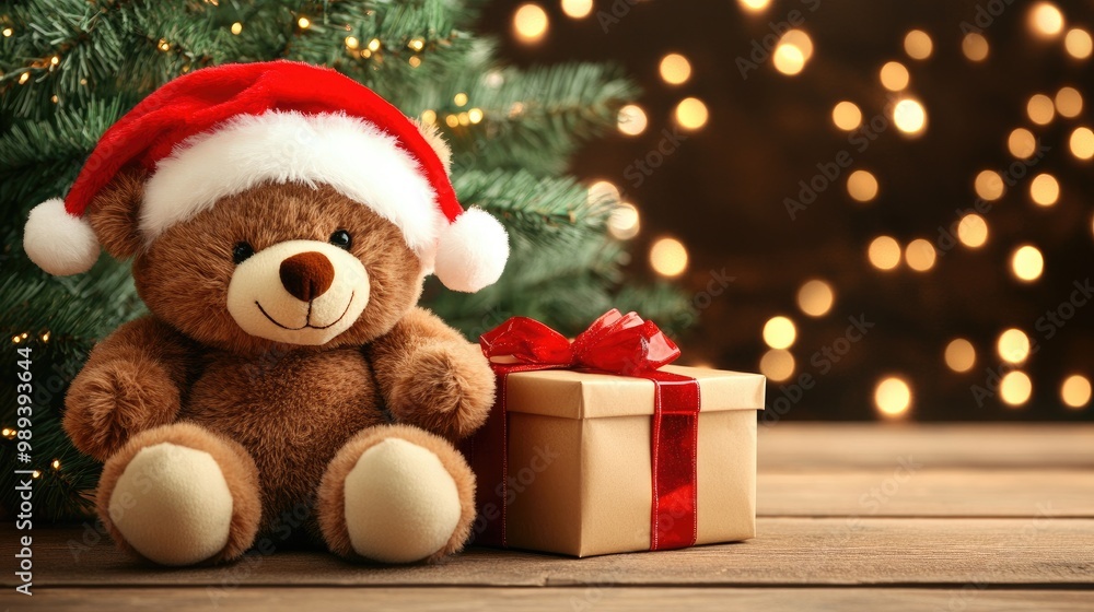 A cozy teddy bear in a Santa hat sits beside a festive gift box, illuminated by sparkling Christmas tree lights A cozy teddy bear in a Santa hat sits beside a festive gift box, illuminated by sparkling Christmas tree lights