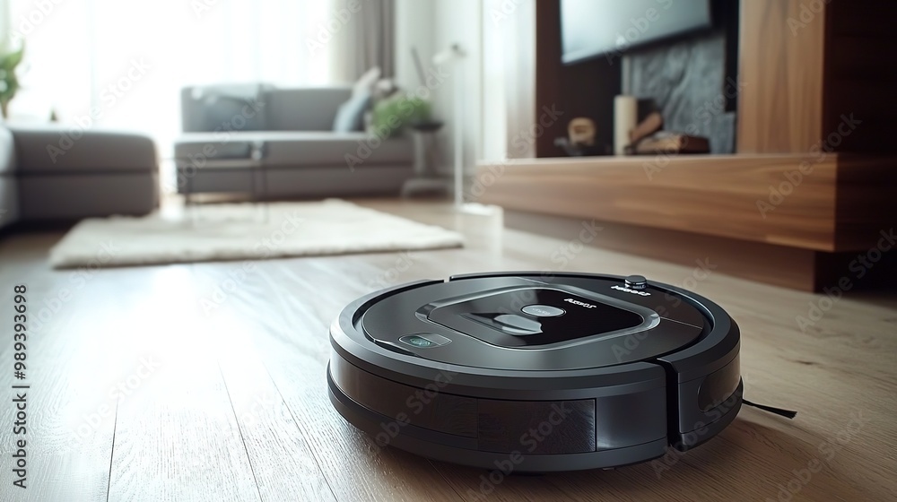 A modern robotic vacuum cleaner operates on polished wooden floors in a bright, spacious living room during the afternoon A modern robotic vacuum cleaner operates on polished wooden floors in a bright, spacious living room during the afternoon