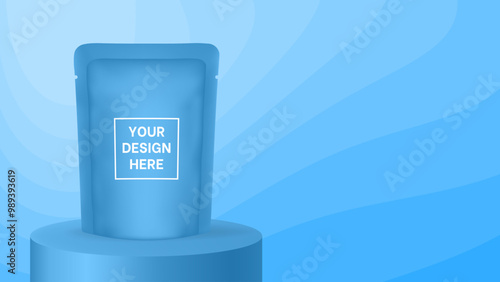 Pouch mockup on a blue podium or pedestal. Wavy pattern and gradient shades, dynamic curve shape. Vector illustration with editable colors. Product display. Foil bag, plastic sachet