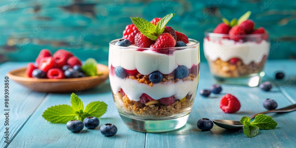Layered Dessert with Yogurt, Raspberries, Blueberries, and Granola, Healthy Snack, Breakfast Idea, Layered Dessert with Yogurt, Raspberries, Blueberries, and Granola, Healthy Snack, Breakfast Idea,