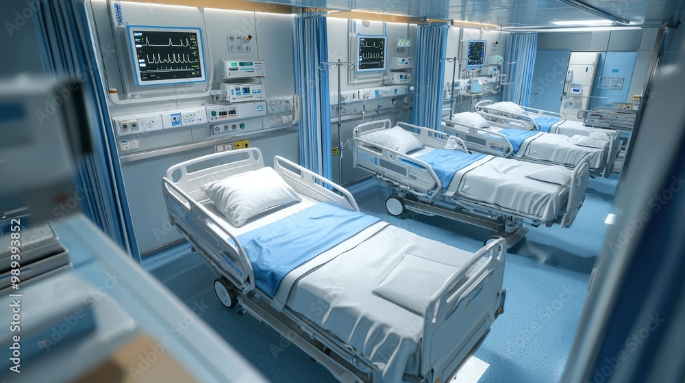 Empty hospital room with beds and medical equipment Empty hospital room with beds and medical equipment