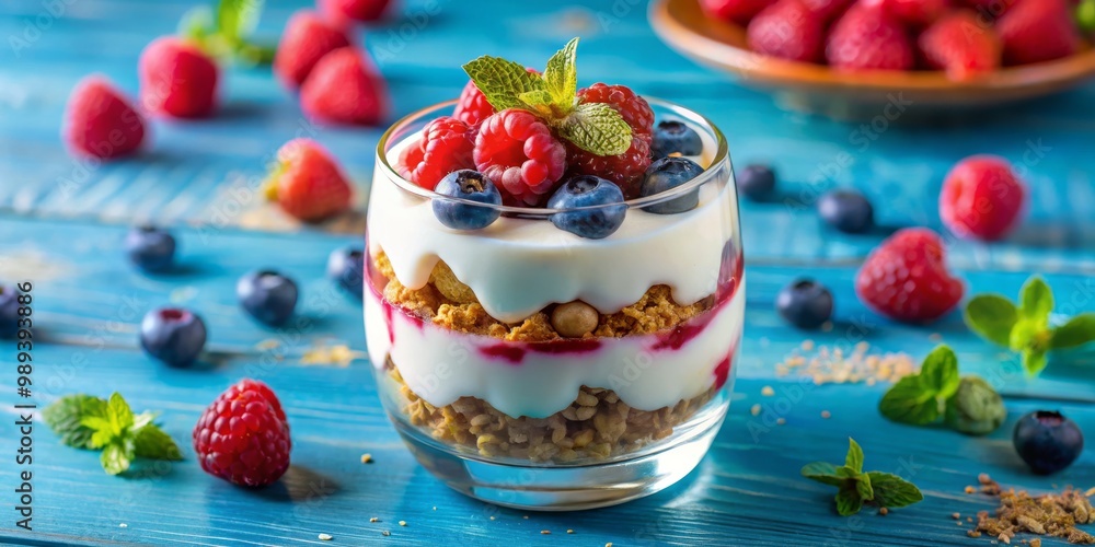 Layered Raspberry and Blueberry Yogurt Parfait with Granola, Blue Background, Healthy Dessert, Summer Treat, Delicious Breakfast, Yogurt parfait, raspberry Layered Raspberry and Blueberry Yogurt Parfait with Granola, Blue Background, Healthy Dessert, Summer Treat, Delicious Breakfast, Yogurt parfait, raspberry