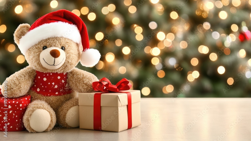 A cozy teddy bear in a Santa hat sits beside a festive gift box, illuminated by sparkling Christmas tree lights A cozy teddy bear in a Santa hat sits beside a festive gift box, illuminated by sparkling Christmas tree lights