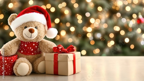 A cozy teddy bear in a Santa hat sits beside a festive gift box, illuminated by sparkling Christmas tree lights
