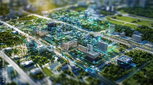 Aerial view of a modern urban cityscape with digital connections, showcasing skyscrapers and green spaces in a sunny environment photo