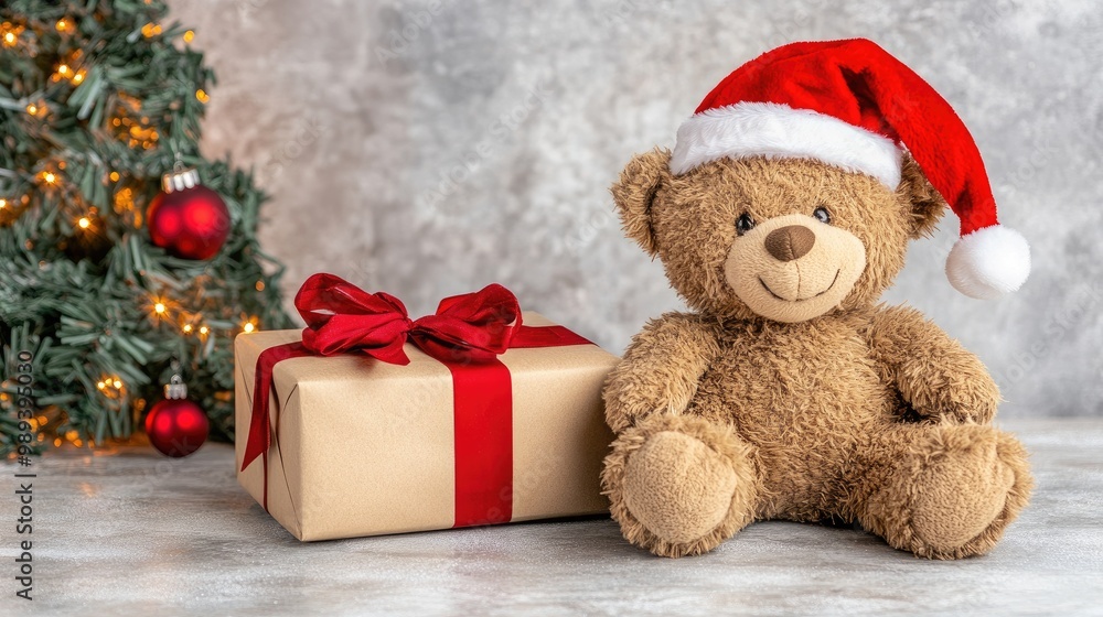 A cozy teddy bear in a Santa hat sits beside a festive gift box, illuminated by sparkling Christmas tree lights A cozy teddy bear in a Santa hat sits beside a festive gift box, illuminated by sparkling Christmas tree lights