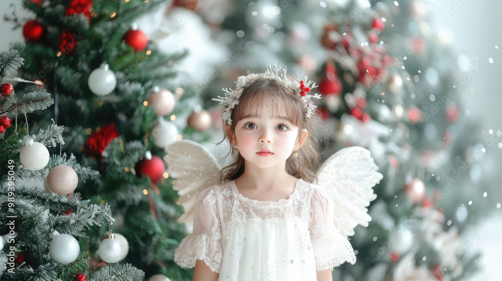 little girl in a dress with angel wings on the background of a Christmas tree, new year, masquerade, carnival, child, holiday, party, celebration, postcard, winter, december, portrait, kid, childhood little girl in a dress with angel wings on the background of a Christmas tree, new year, masquerade, carnival, child, holiday, party, celebration, postcard, winter, december, portrait, kid, childhood