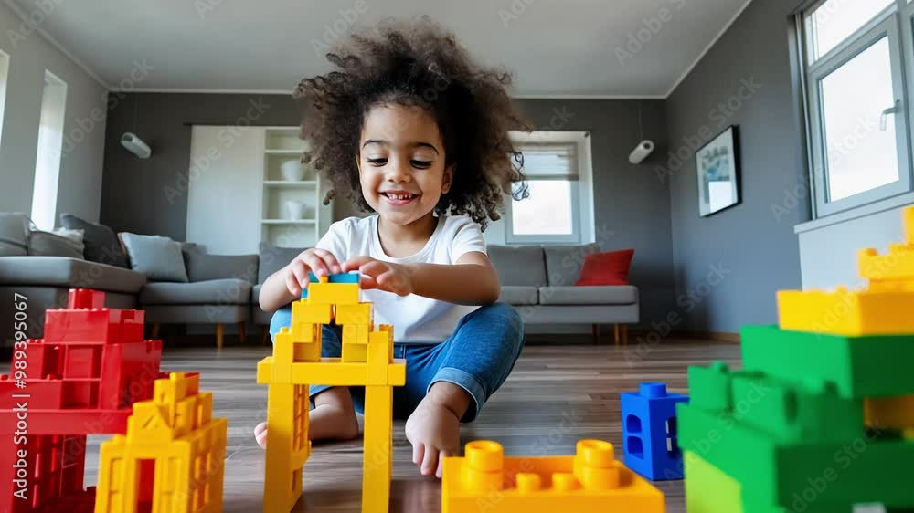 A joyful child constructs vibrant block structures in a well-lit living room, showcasing creativity and concentration during playtime.