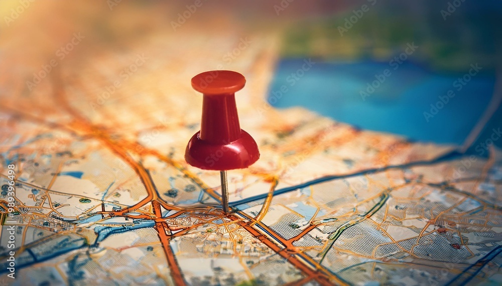 Map location marked with a pin, emphasizing navigation, adventure, traveling concept Map location marked with a pin, emphasizing navigation, adventure, traveling concept