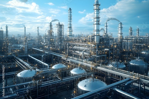 Oil refinery with tanks and pipelines under blue sky