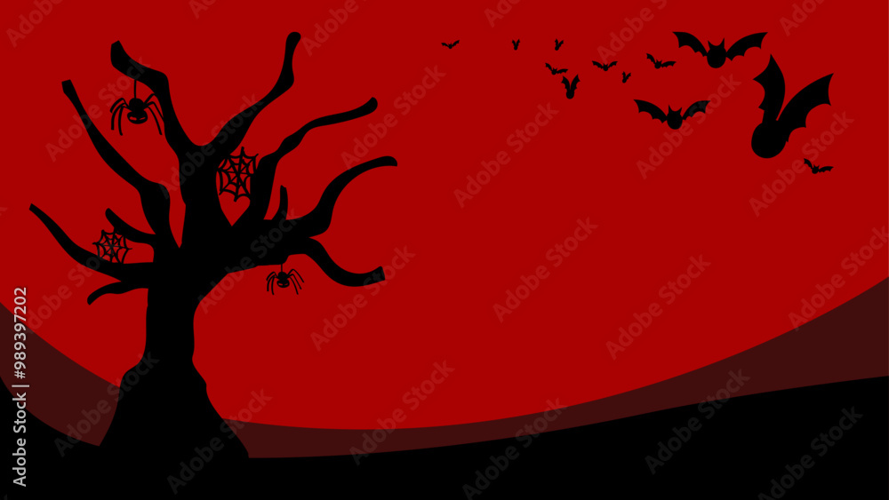 Naklejka premium Halloween Background Bats and Creepy Tree Red Sky in Vector Art
