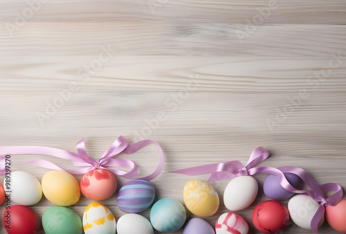 Colorful Easter Eggs with Ribbon on Wooden Table photo