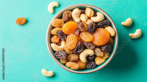A bowl of dried apricots, raisins, and cashews, placed on a bright teal background to create a vibrant, healthy snack composition