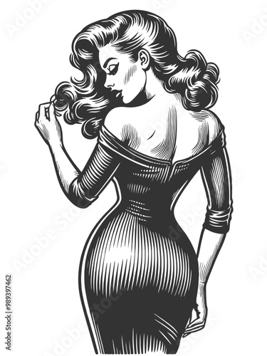 pin-up woman wearing a form-fitting tight dress, vintage fashion beauty sketch engraving generative ai fictional character vector illustration. Scratch board imitation. Black and white image.