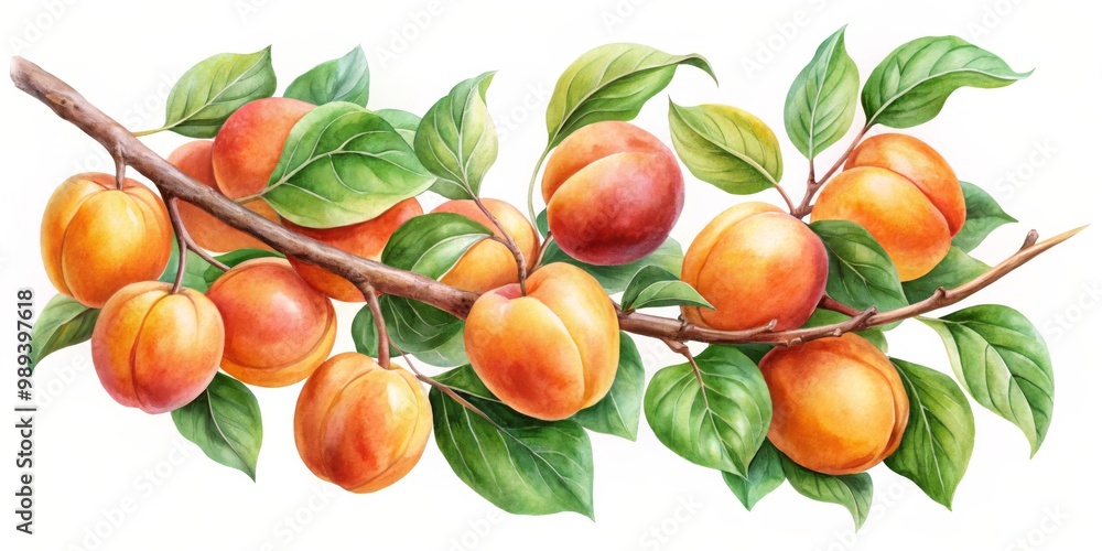 Watercolor Illustration of Apricots on a Branch with Green Leaves, fruit, watercolor ,apricot tree Watercolor Illustration of Apricots on a Branch with Green Leaves, fruit, watercolor ,apricot tree