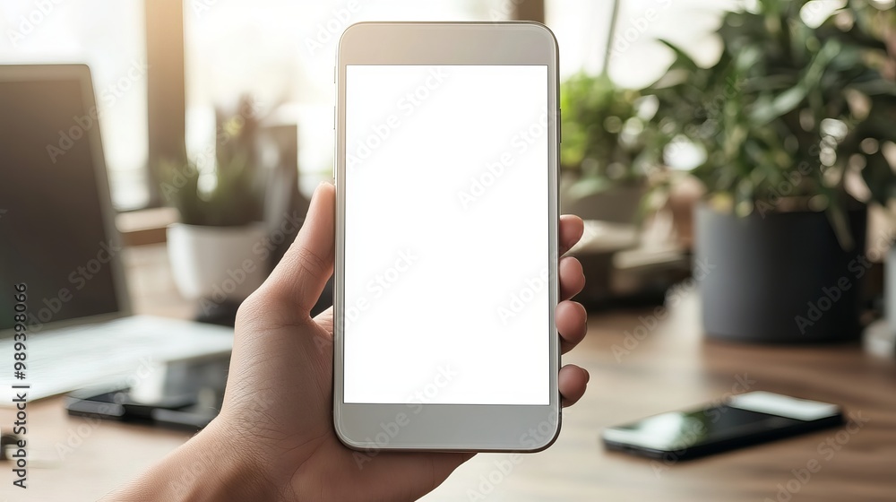 A hand holds a white phone with a blank screen, perfect for displaying an ad. It's on a desk in an office, showing people using their phones for work, communication, and marketing. A hand holds a white phone with a blank screen, perfect for displaying an ad. It's on a desk in an office, showing people using their phones for work, communication, and marketing.