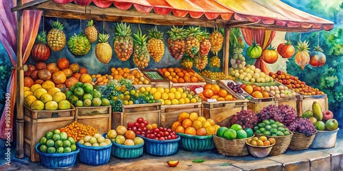 Watercolor Painting of a Fruit Stand with Pineapples, Oranges, and Limes, fruit stand, watercolor painting